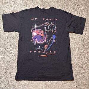 Vintage Hafta Bowling Single Stitch Black Graphic T-Shirt Mens L Retro Space